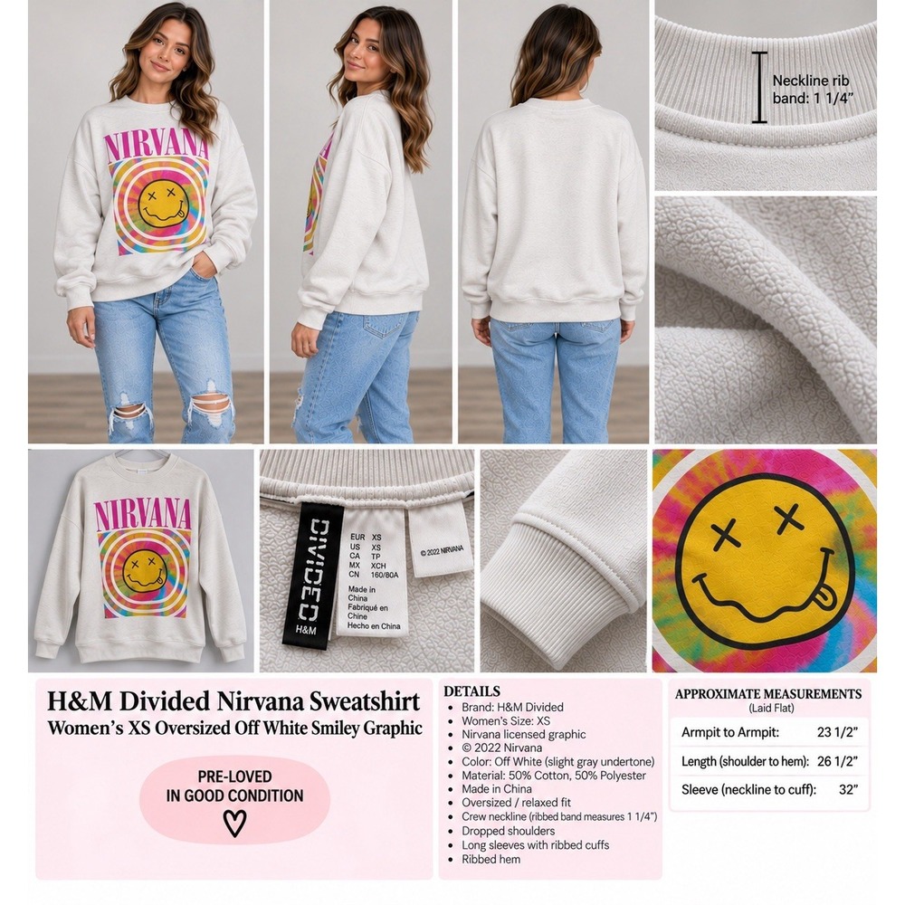 H&M Divided Women's Oversized Nirvana Smiley Face Printed Sweatshirt in size XS